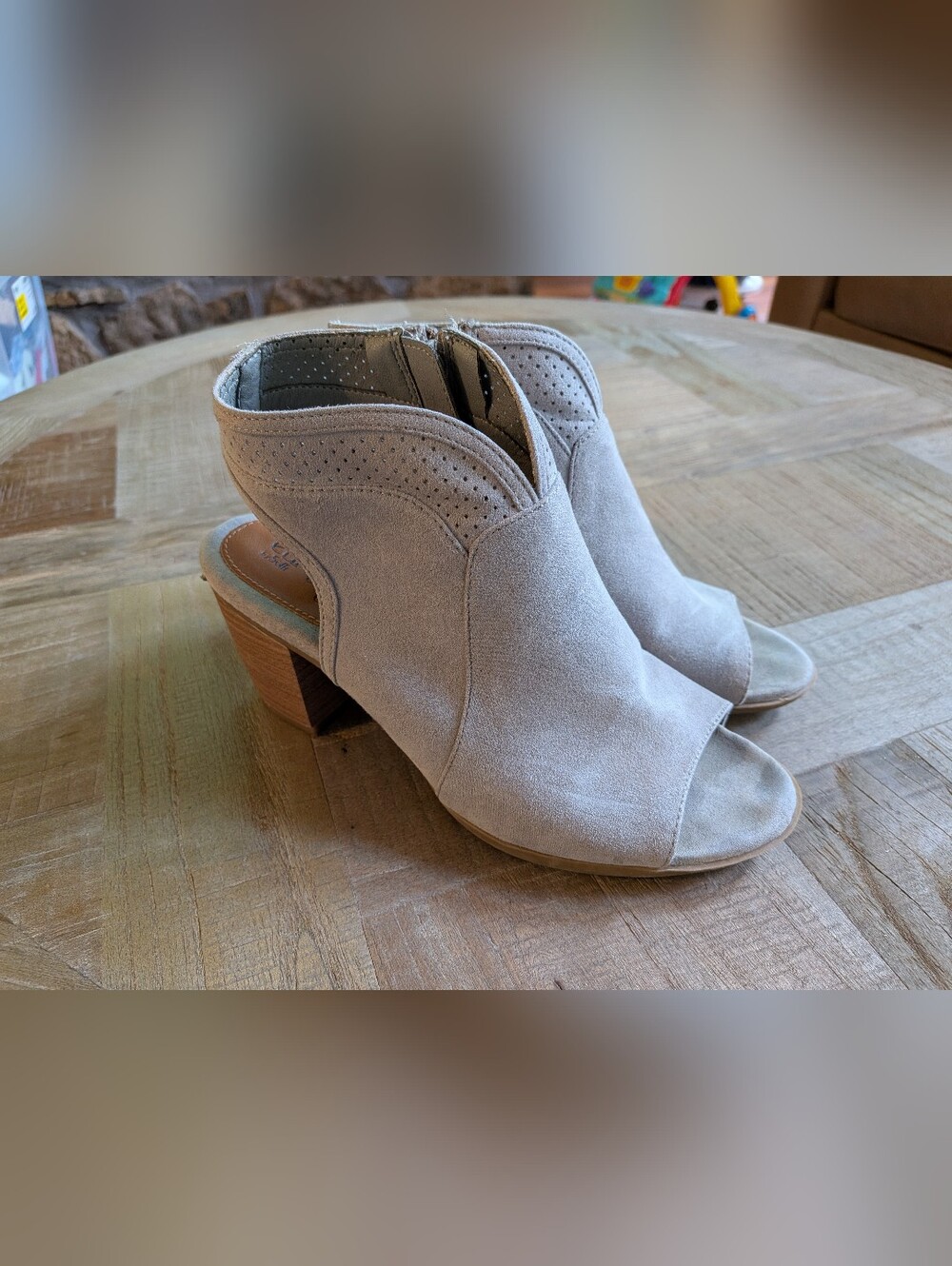 Open-Toe Suede Mandira Ankle Booties in Light Gray, Sz. 7